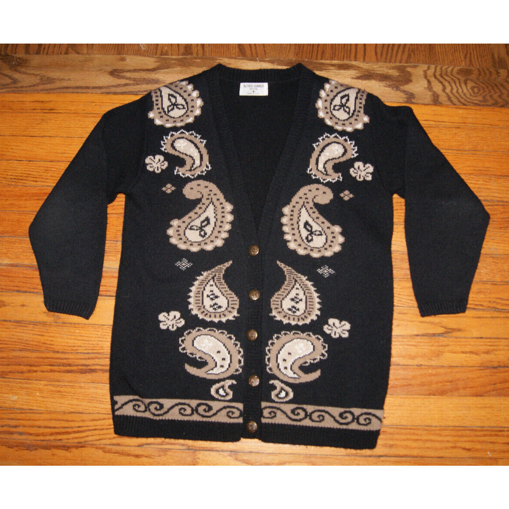 VTG Alfred Dunner Petite Women's M Black Cardigan Sweater Brown Paisley USA Made